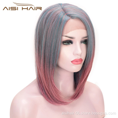 Aisi Hair Short Blue Mixed Pink Wig Straight Silky Front Lace Wig Cosplay Short Bob Lace Front Hair Wigs For Black White Women